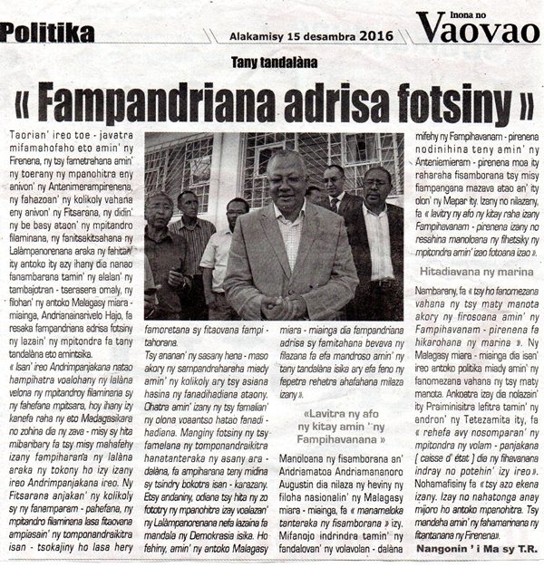 Tany tandalàna : "Fampandriana adrisa fotsiny"