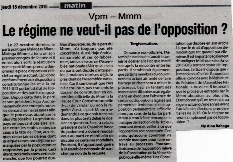 Vpm - Mmm: Le régime ne veut-il pas de l'opposition?