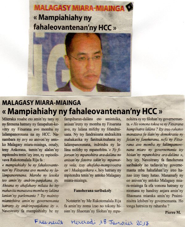 MMM : "Mampiahiahy ny fahaleovantenan'ny HCC"