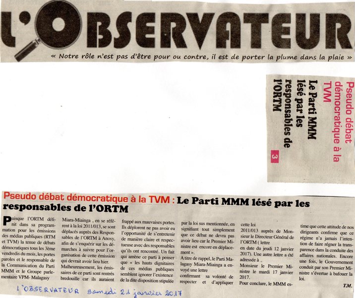 Le Parti MMM lésé par les responsables de l'ORTM