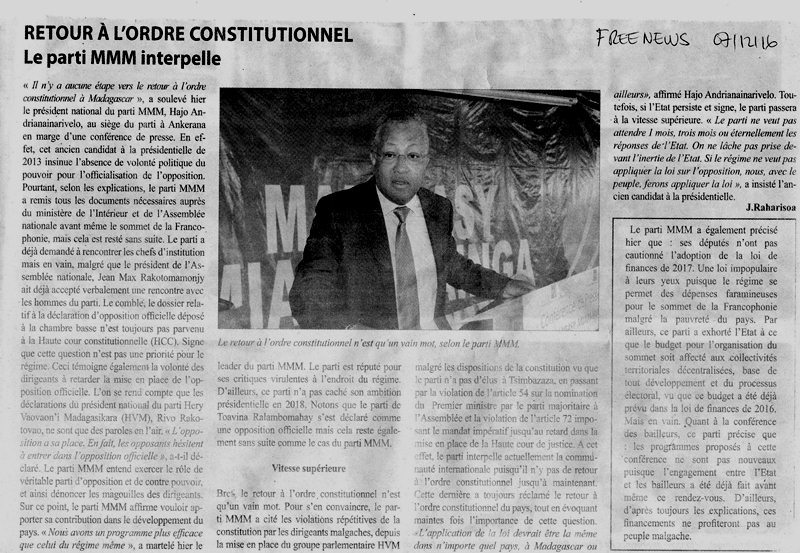 Retour à l'ordre constitutionnel : Le Parti MMM interpelle
